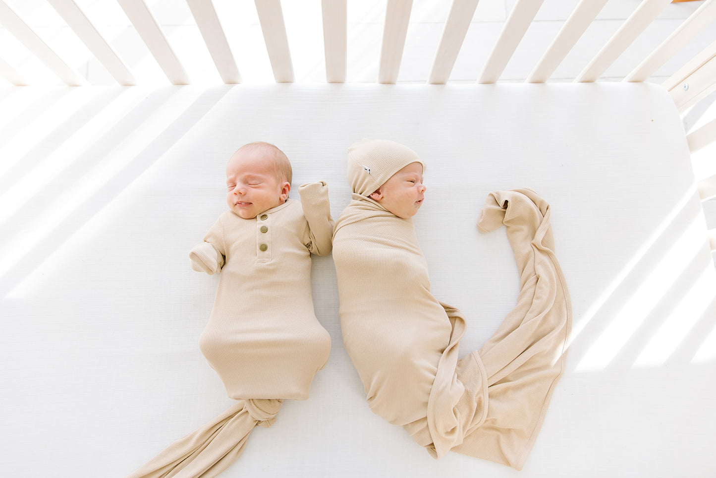 Tan ribbed newborn essential bundle (knotted sleeper)