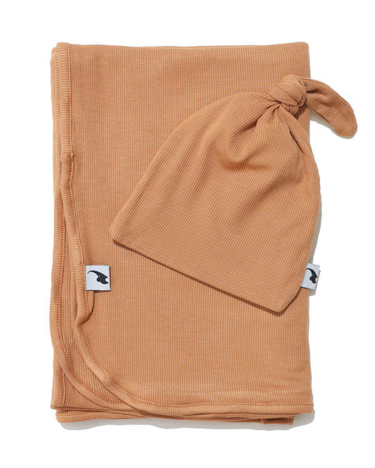 Camel ribbed hat & swaddle bundle