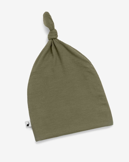 Olive Ribbed Top Knot Hat