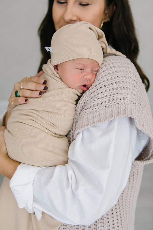 Tan ribbed stretchy swaddle