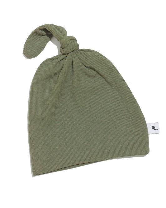 Olive ribbed top knot hat