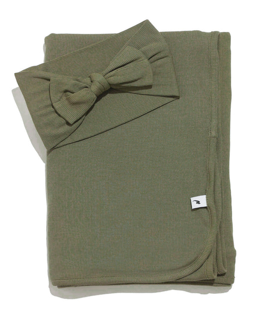 Olive ribbed knit headband & swaddle bundle