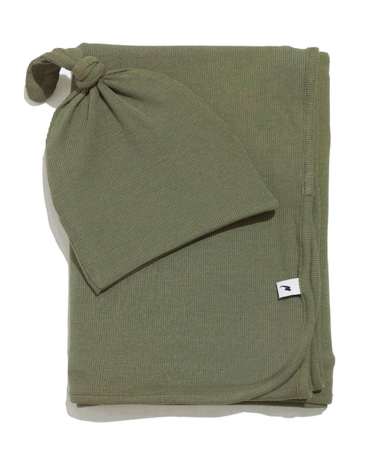 Olive ribbed hat & swaddle bundle
