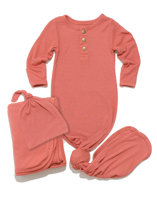Rose ribbed newborn essential bundle (knotted sleeper)