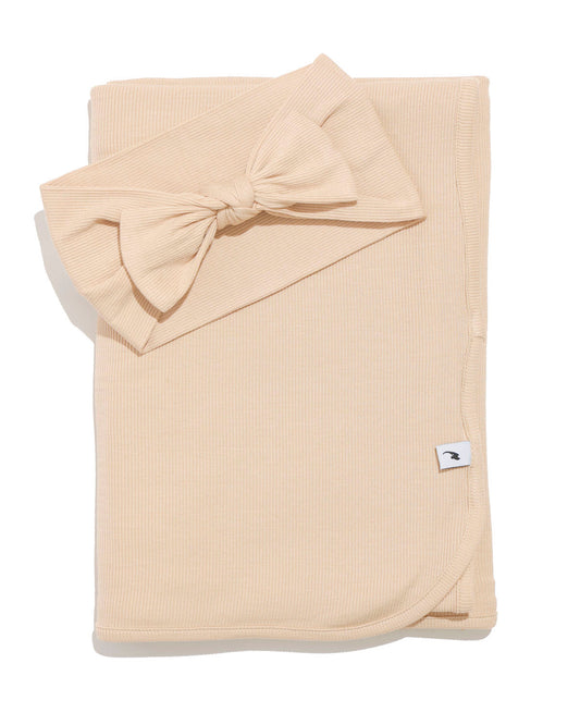 Tan ribbed knit headband & swaddle bundle
