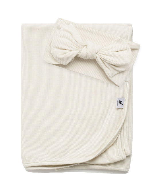 Oatmeal ribbed knit headband & swaddle bundle